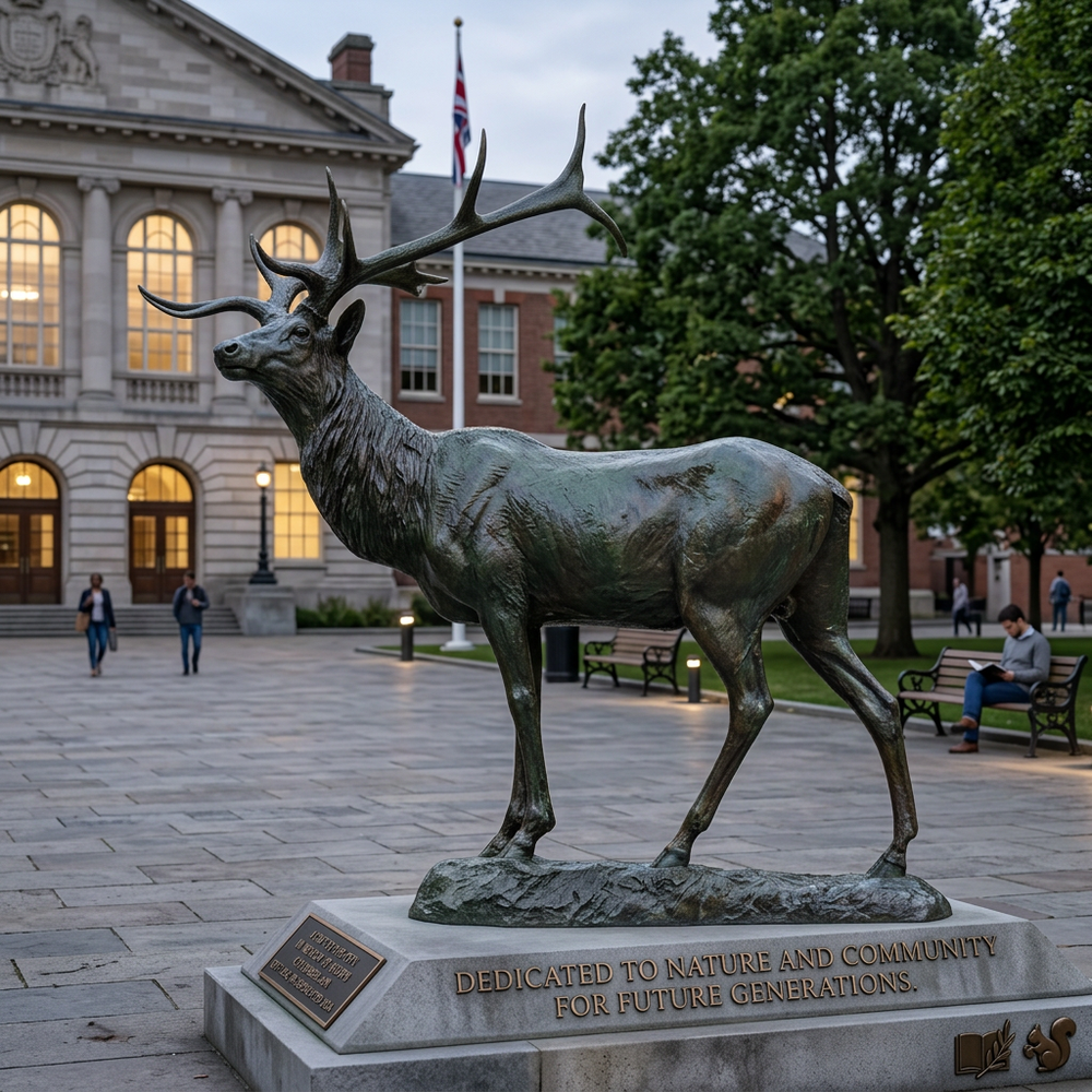 Bronze statue of an elk with expressive posture, textured fur, and detailed antler structure