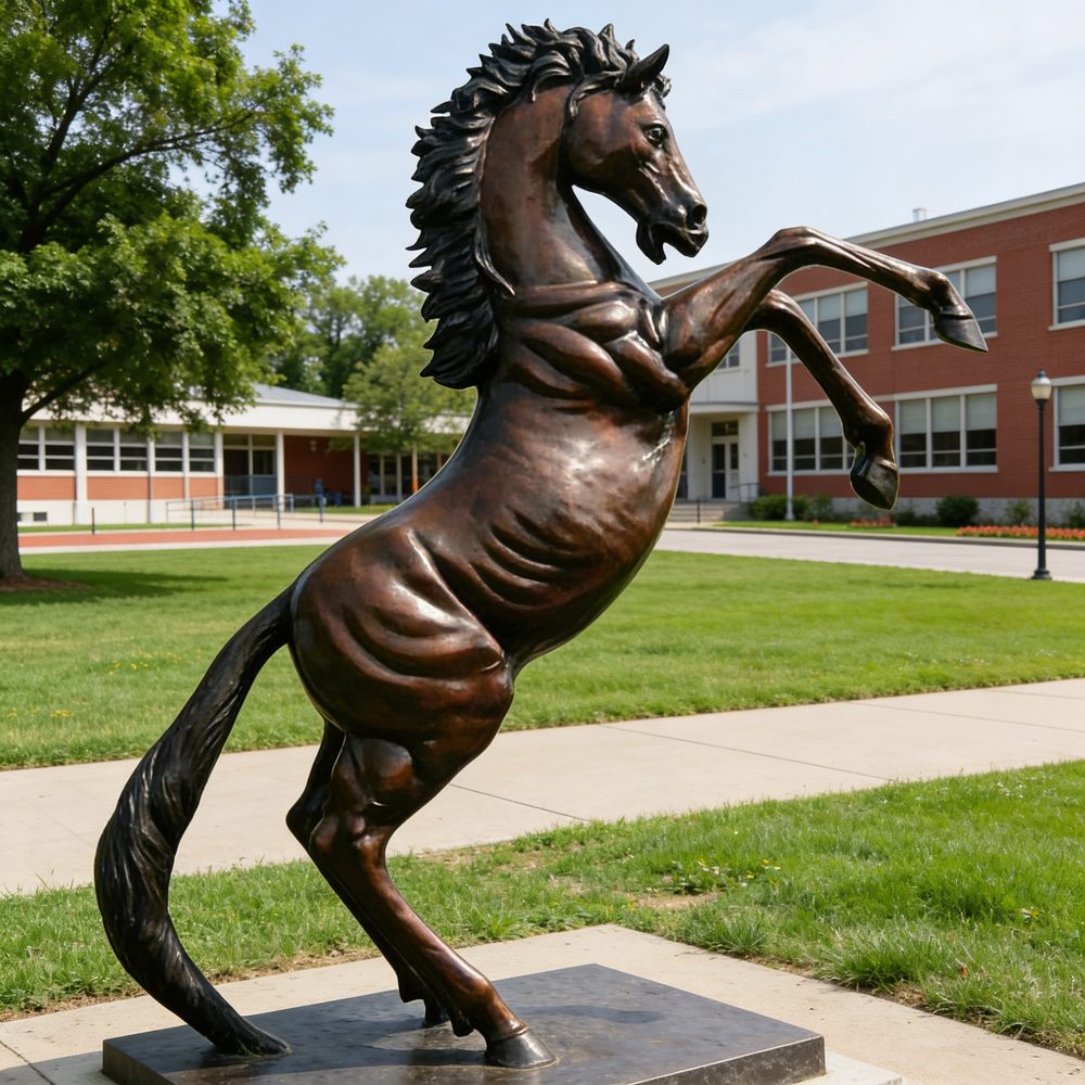 Bronze equine sculpture depicting a powerful horse rising on its hind legs