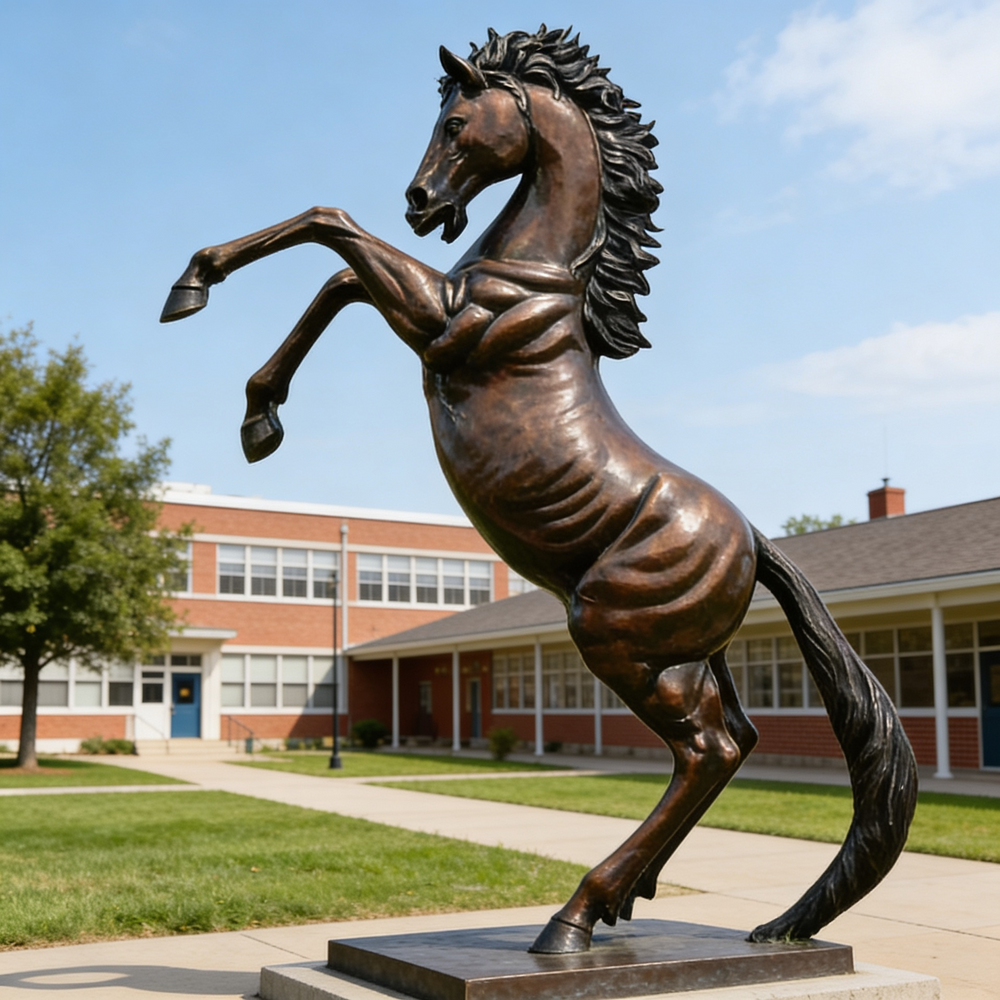 Realistic bronze horse figure in a dramatic rearing pose with defined musculature