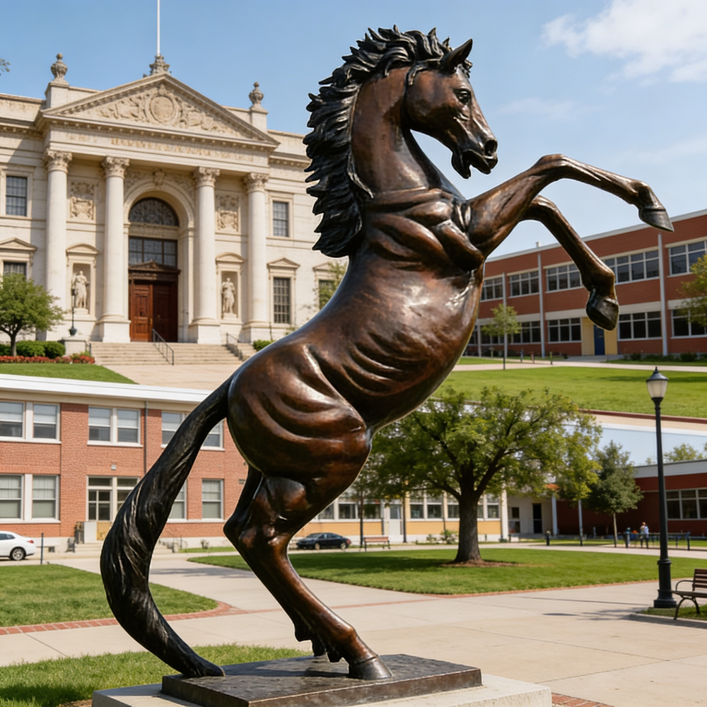 Bronze statue of a horse rearing upward, emphasizing motion, balance, and sculptural detail.