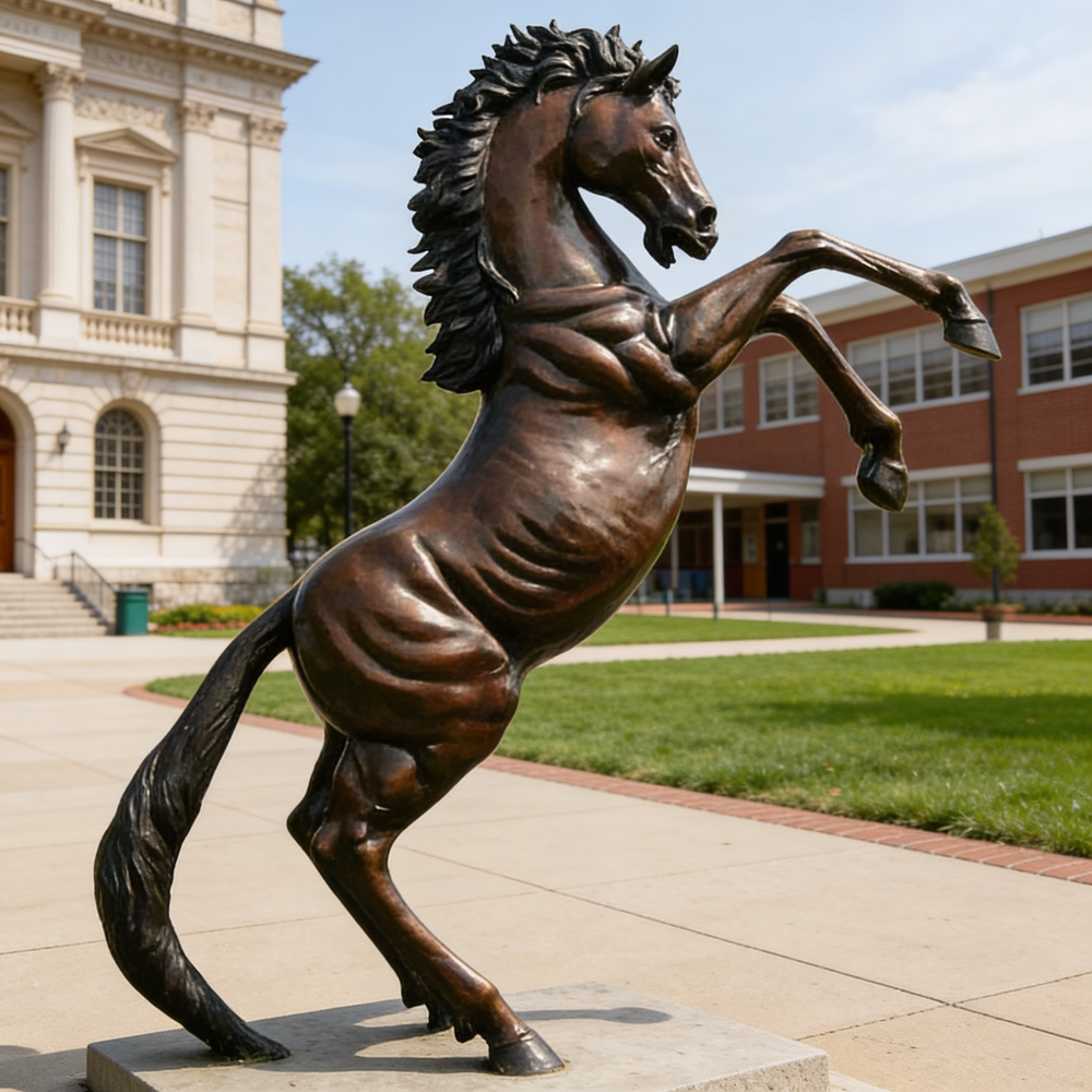 Bronze equestrian sculpture showing a horse in an energetic upward motion