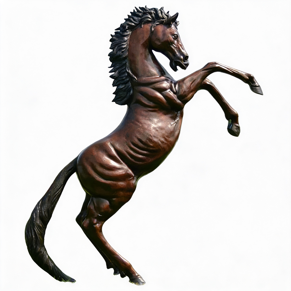 Bronze sculpture of a rearing horse with realistic muscles and flowing mane