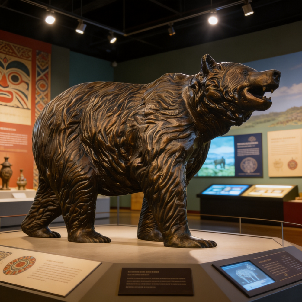 Bronze bear statue in a museum setting with educational displays.