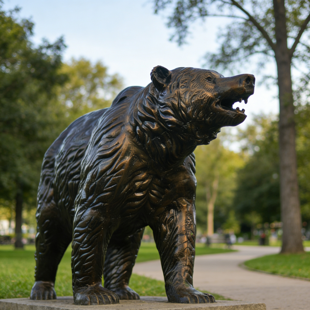 Bronze bear statue in a park setting with trees and a path in the background