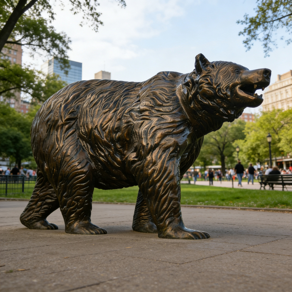 Bronze bear statue in a park with people and buildings in the background