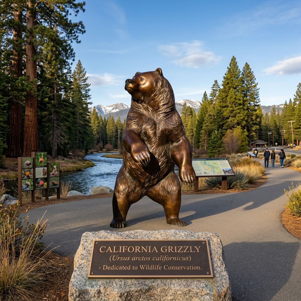 Bronze statue of a California Grizzly bear in a park setting with trees and a river in the background.