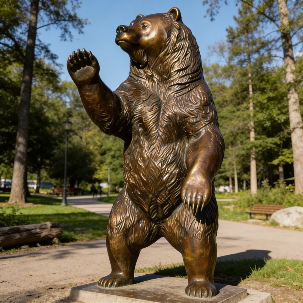 Bronze bear statue in a park setting with trees and a path in the background