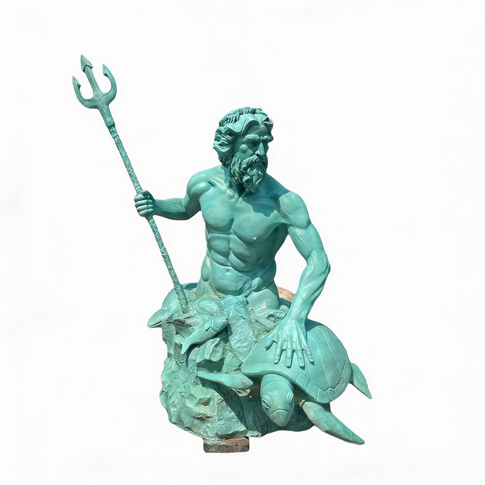 Statue of a bearded figure holding a trident, sitting on a turtle, on a white background
