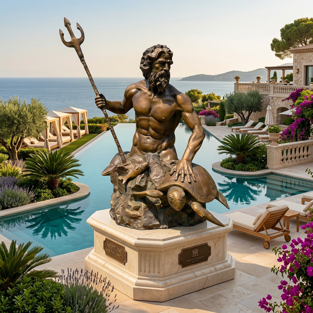 Bronze statue of a muscular figure with a trident by a poolside with ocean view