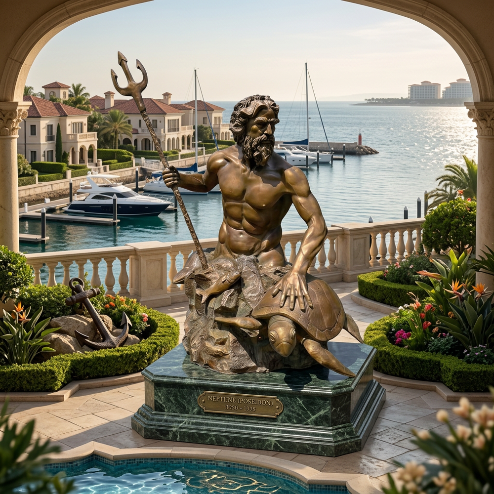 Bronze statue of a muscular figure with a trident by a waterfront with boats and buildings in the background.