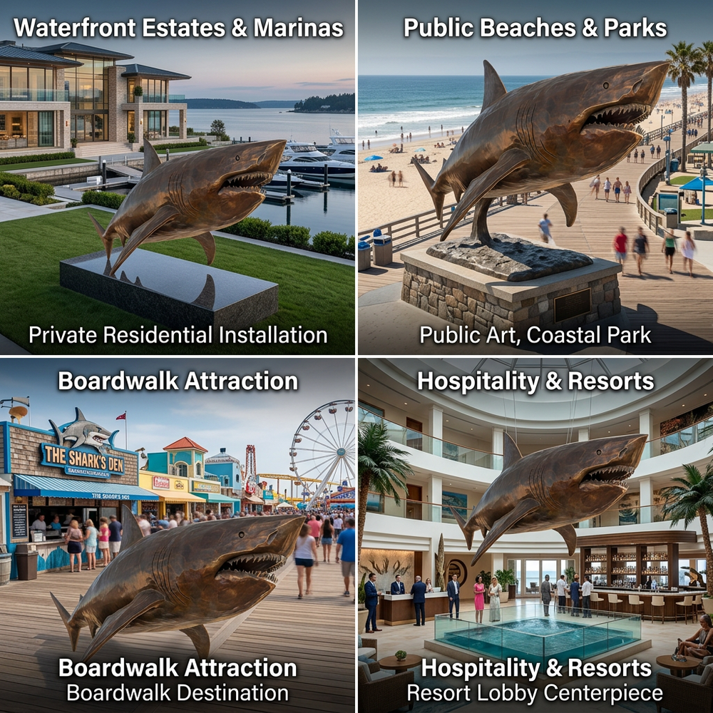 Collage of shark statues in various settings with labels indicating their locations.