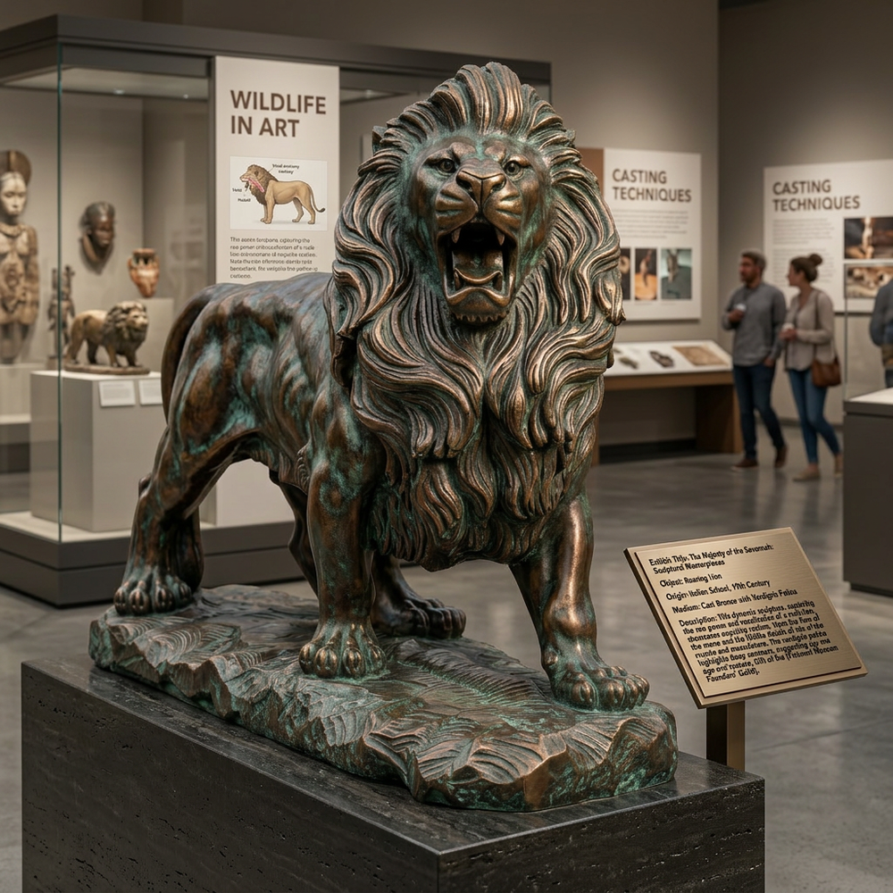Bronze lion sculpture in a museum setting with visitors and exhibits.