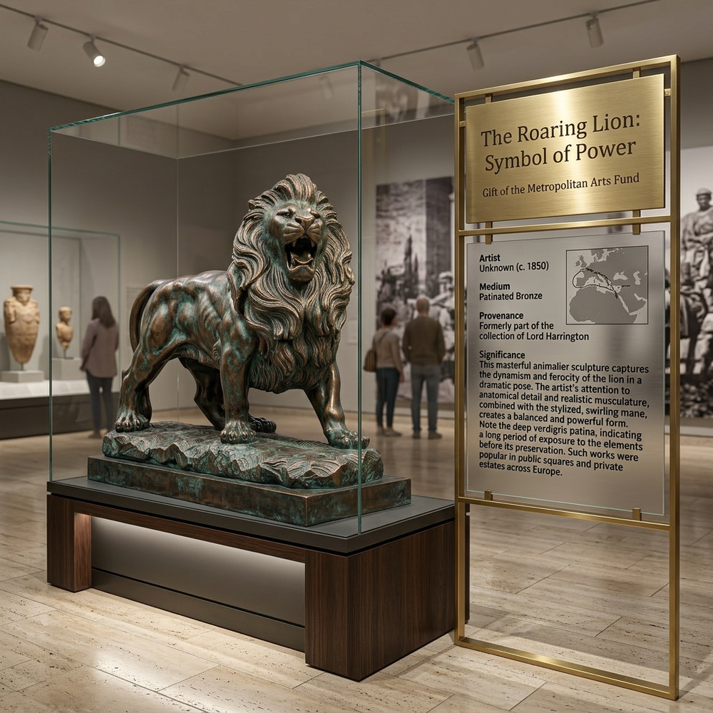 Bronze lion sculpture in a museum with descriptive signage