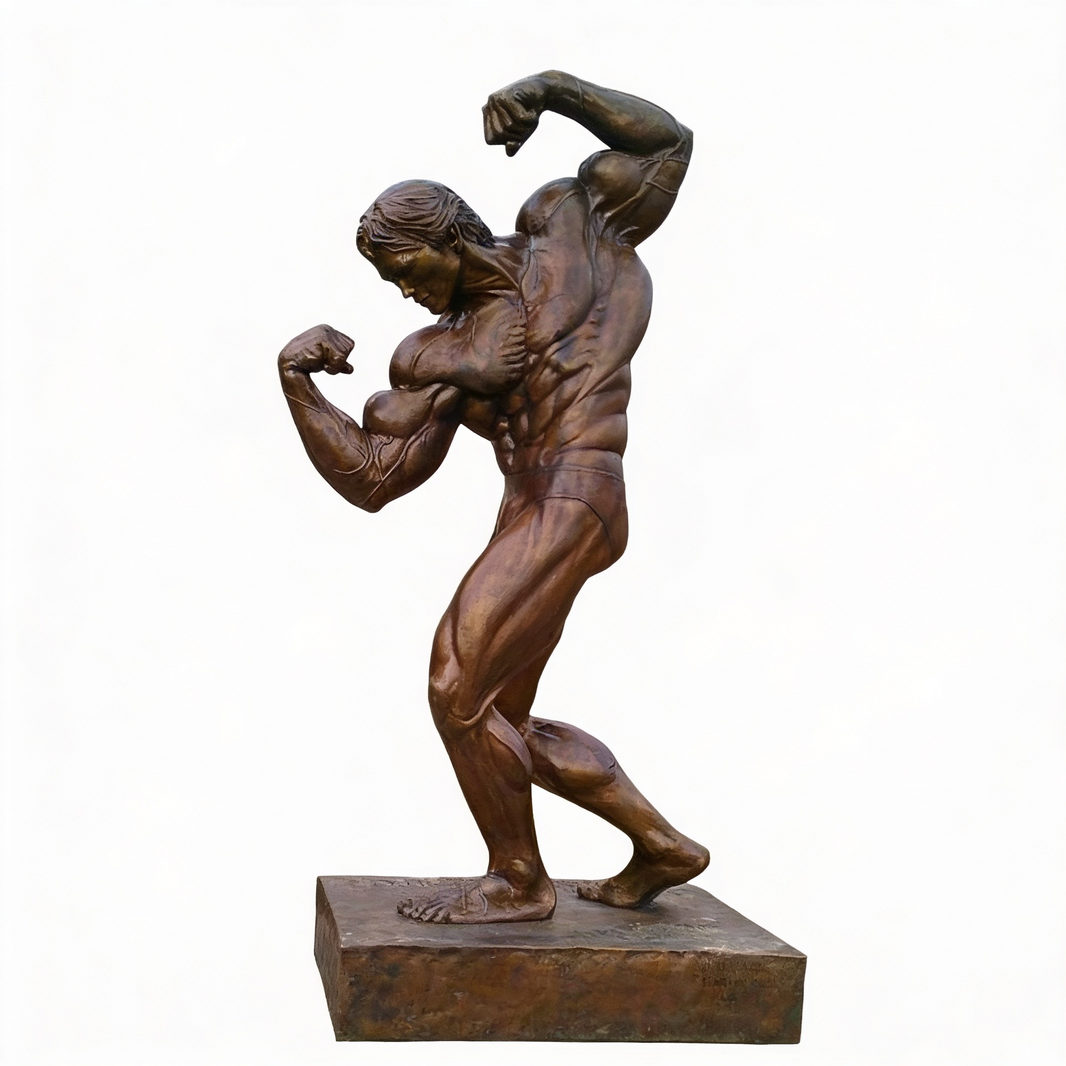 Bronze statue of a muscular figure on a white background