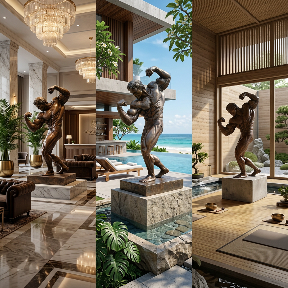 Collage of a bronze statue in various settings including a modern interior, poolside, and indoor space.