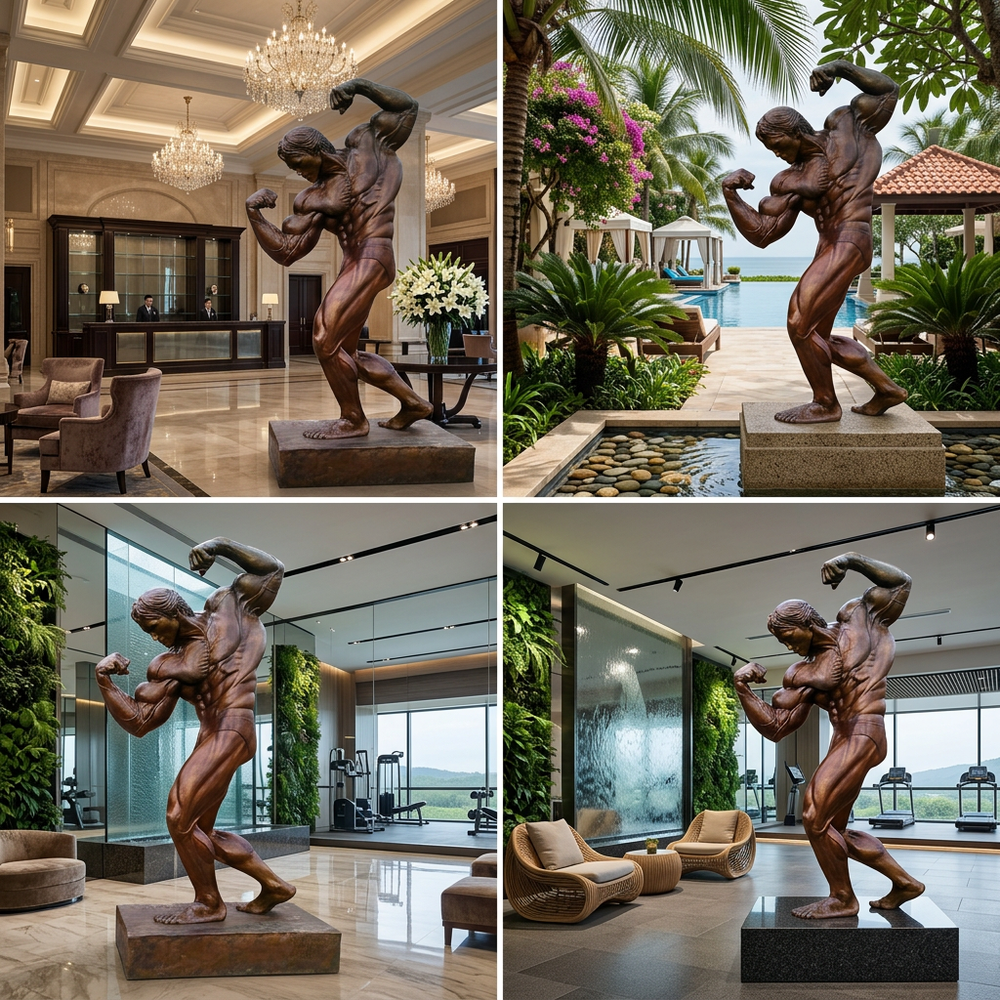 Bronze statue of a muscular figure in various indoor and outdoor settings.
