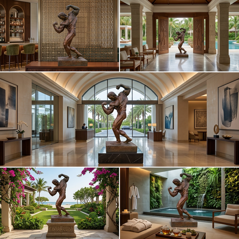 Collage of a bronze sculpture in various settings including a restaurant, hallway, and outdoor garden.