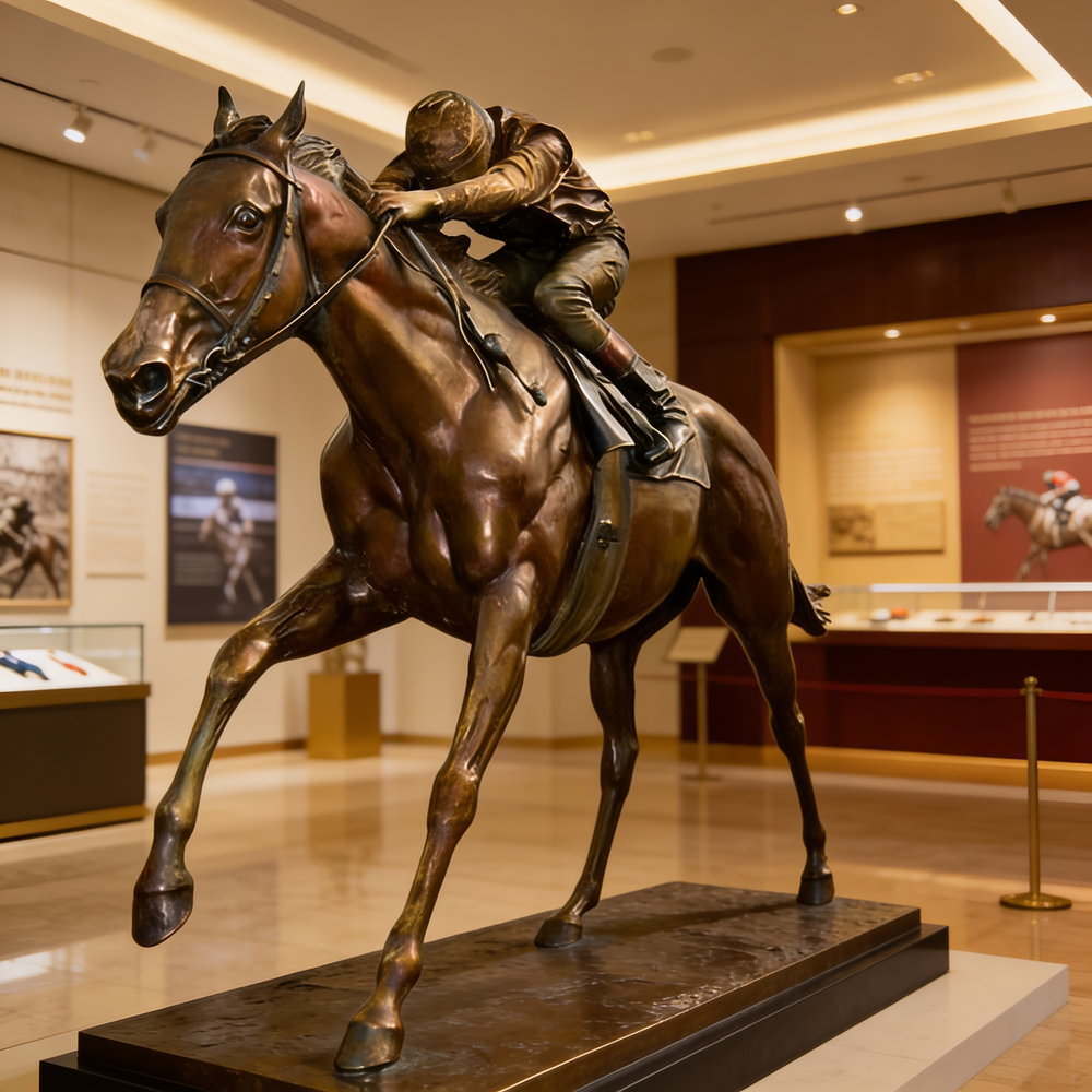 Bronze statue of a horse and rider in a museum setting