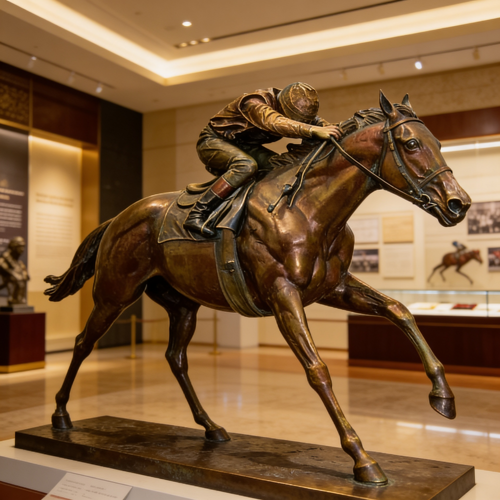 Bronze statue of a jockey on a horse in a museum setting