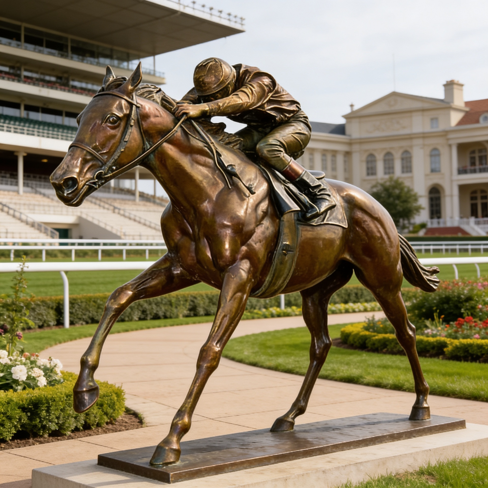 Bronze statue of a horse and jockey on a racetrack with grandstands in the background