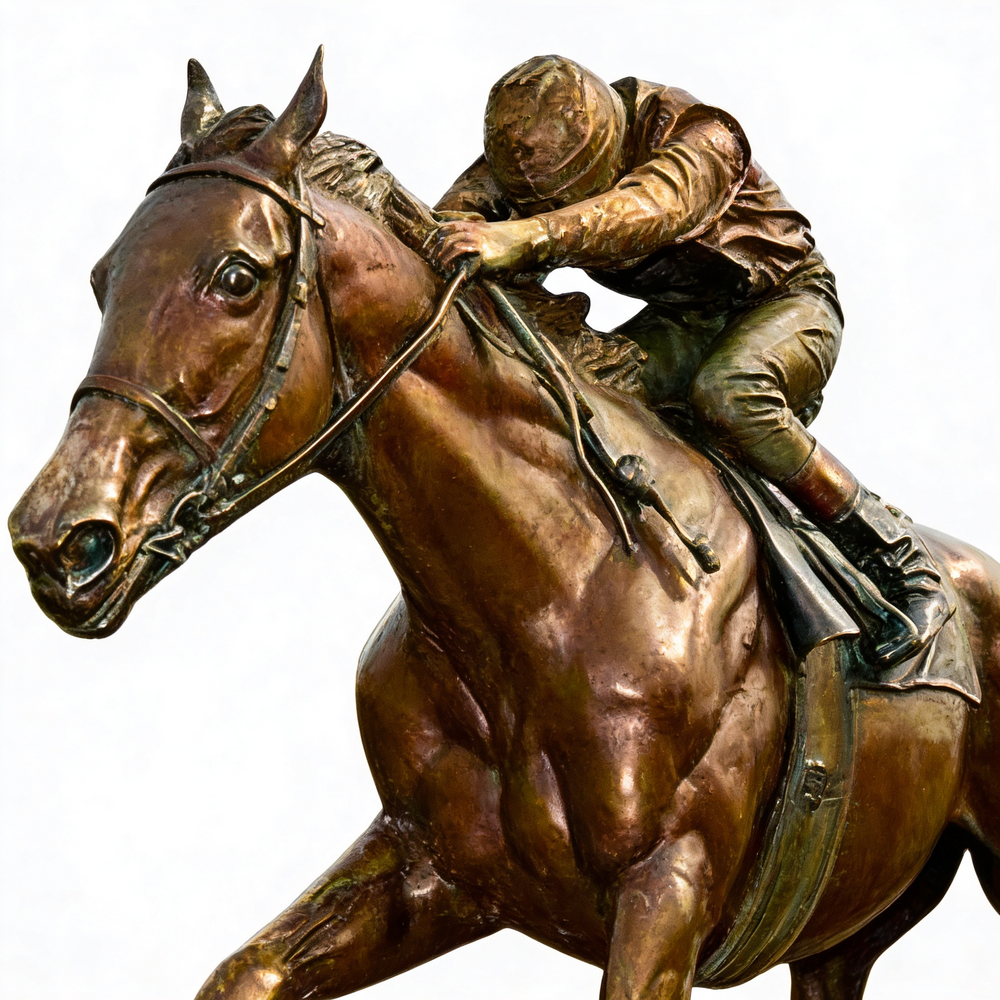 Bronze statue of a horse and jockey on a white background