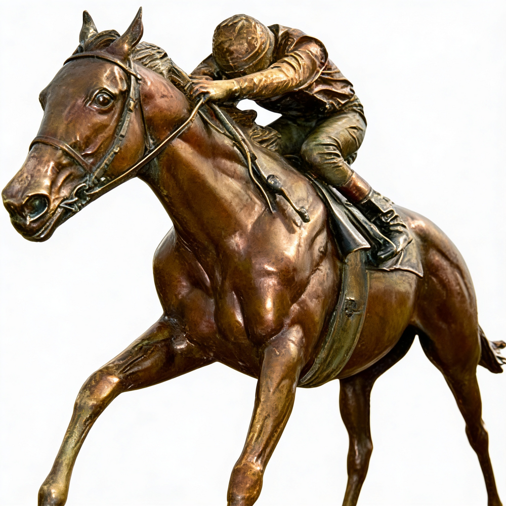 Bronze statue of a horse and jockey in motion on a white background