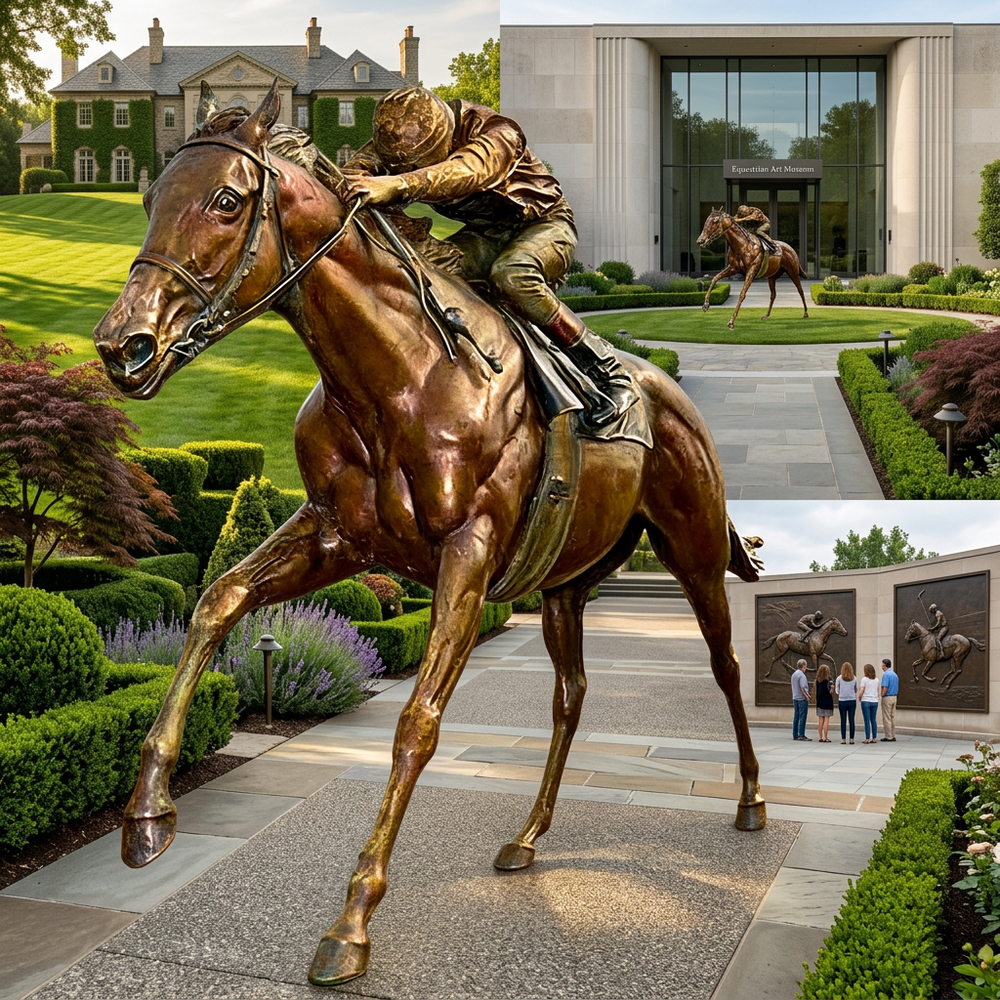 Bronze statue of a horse and jockey in front of a large building with gardens.