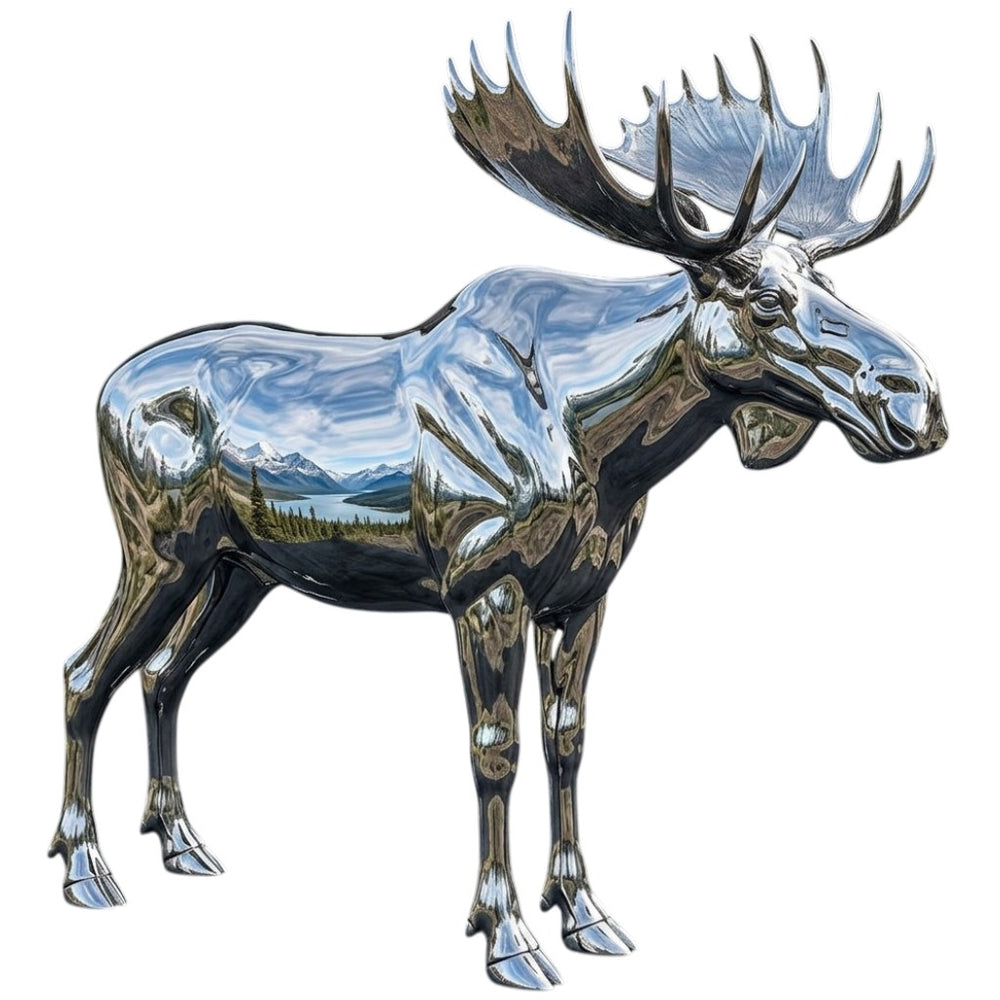 Metallic moose sculpture with reflective surface showing landscape