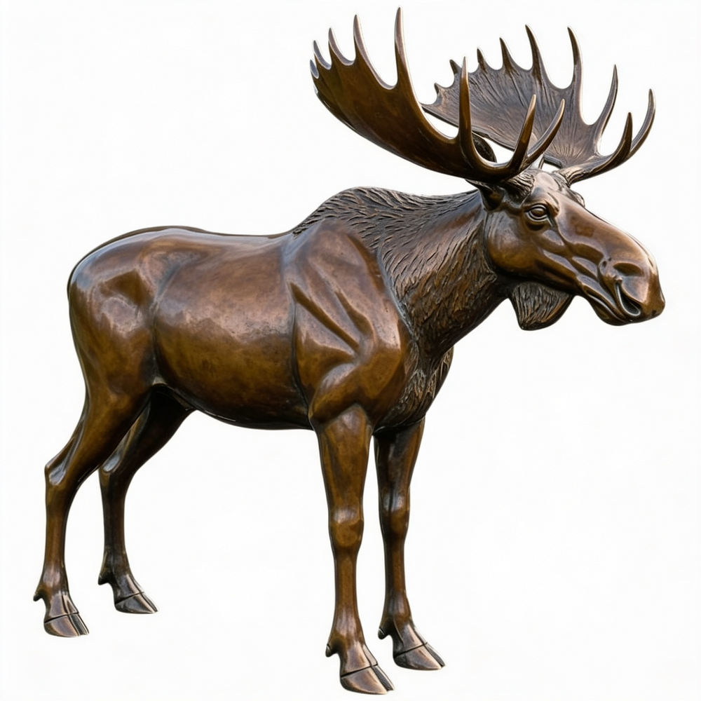 Bronze statue of a moose with large antlers on a white background