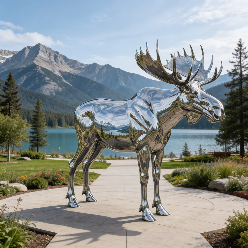Reflective moose sculpture in a park with mountains and lake in the background