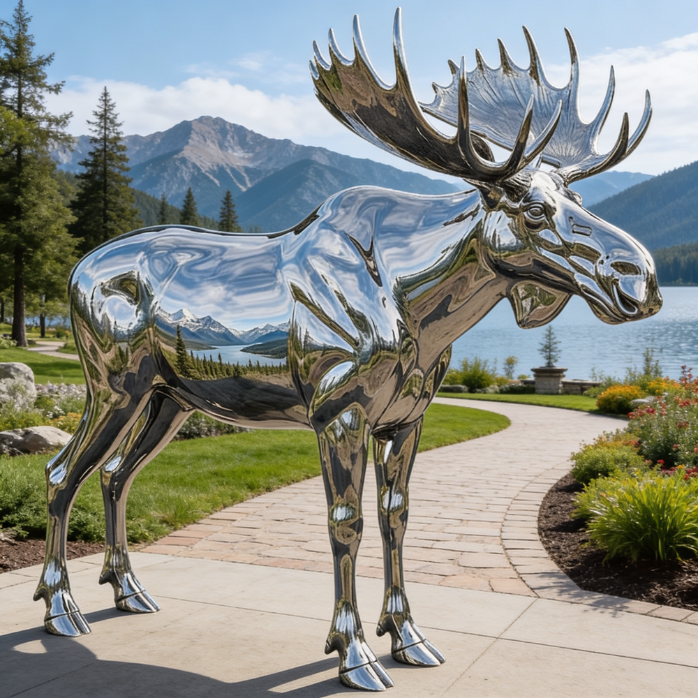 Reflective moose sculpture in a scenic outdoor setting with mountains and water.