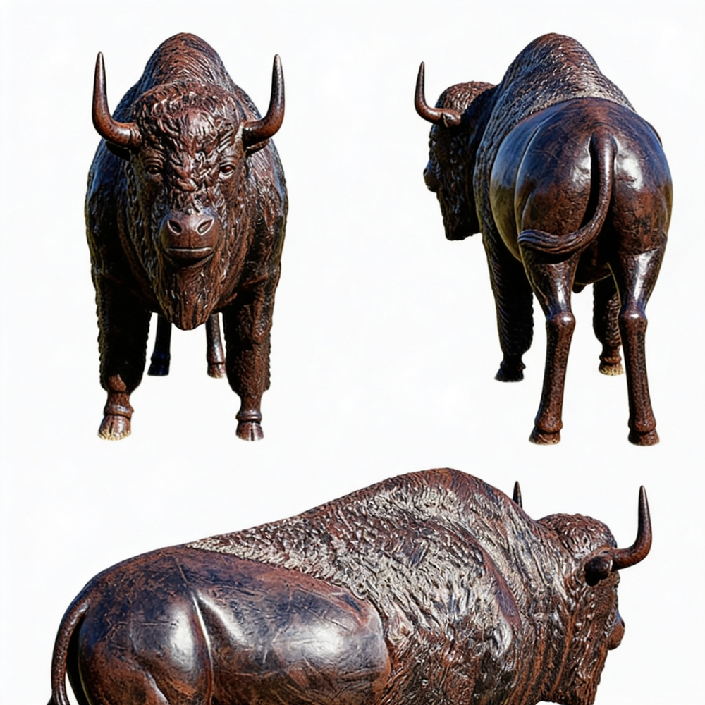 Bronze statue of a bison from different angles on a white
Realistic bronze bison artwork capturing strength and natural movement