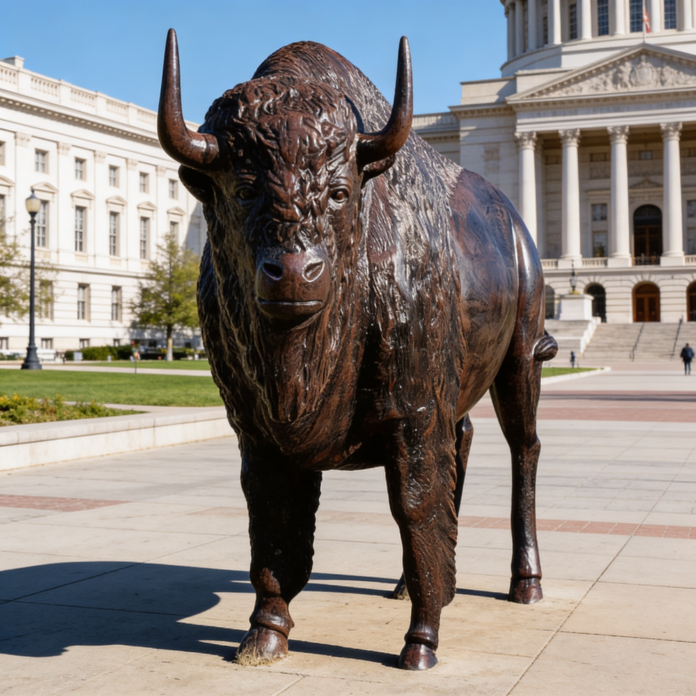 Realistic bronze bison artwork capturing strength and natural movement