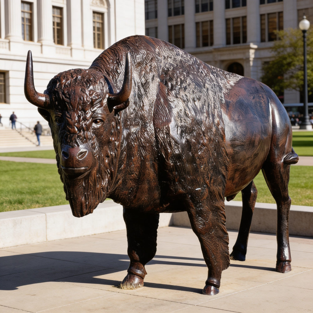 Dark bronze animal sculpture depicting a bison with detailed fur and horns.