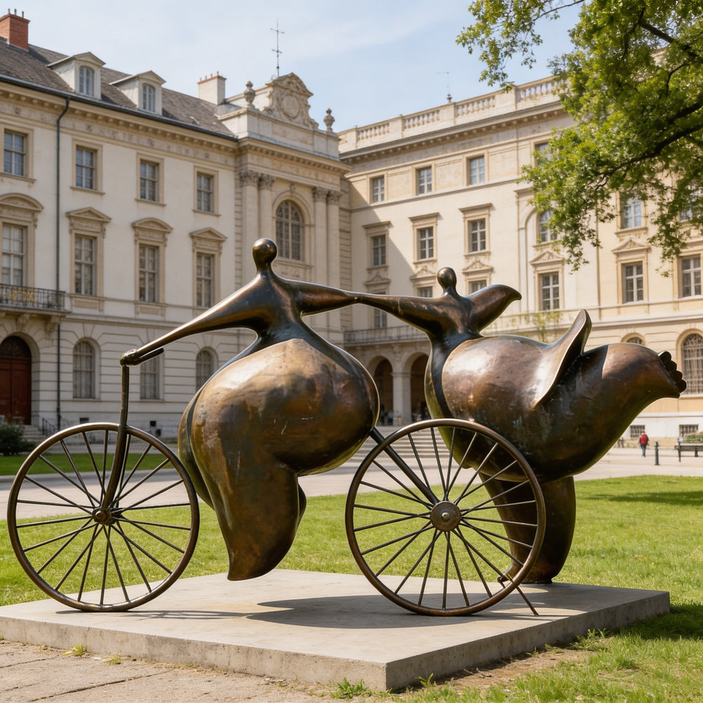 Bronze sculpture of two figures on a bicycle in front of a classical building