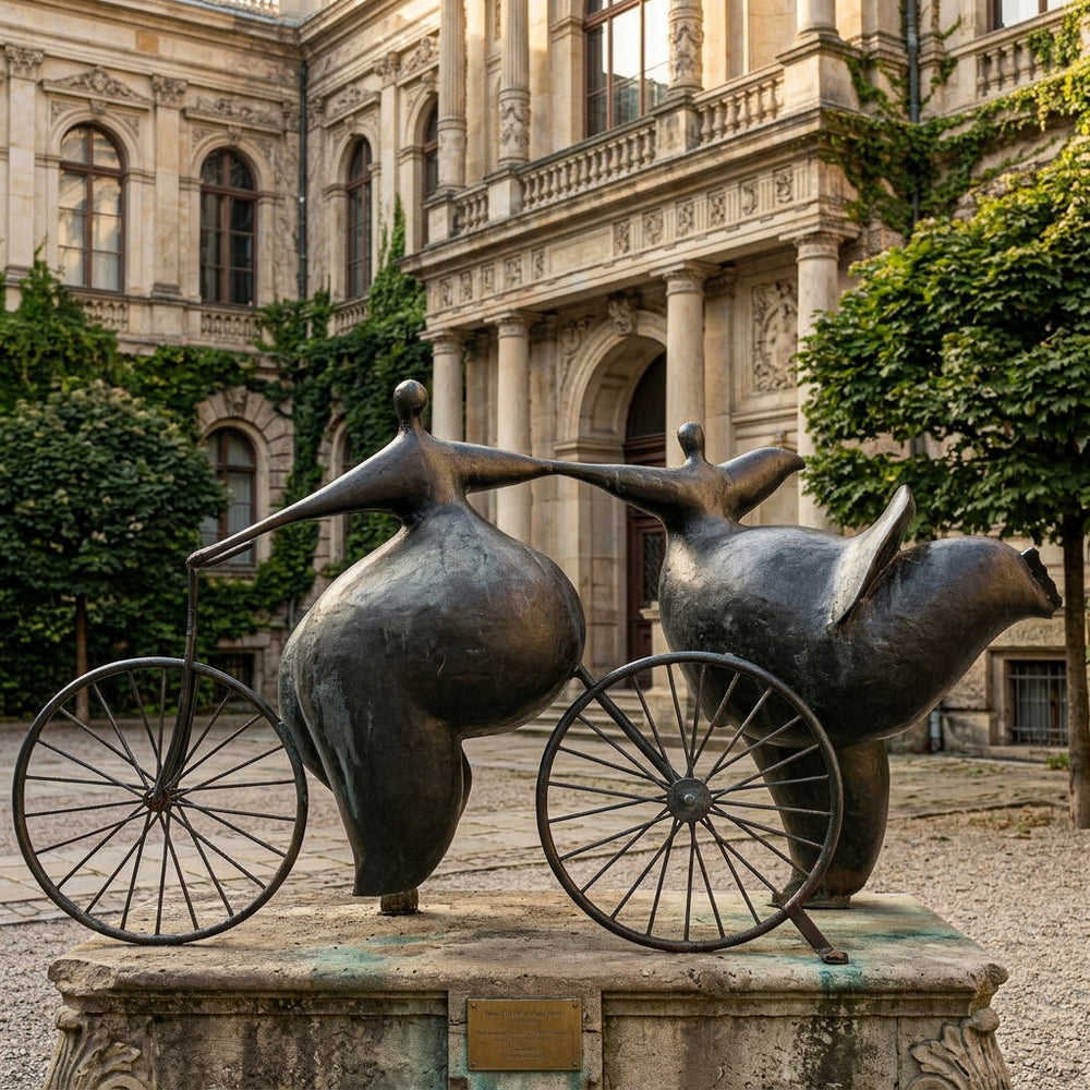 Bronze sculpture of two figures on a bicycle in front of an ornate building.