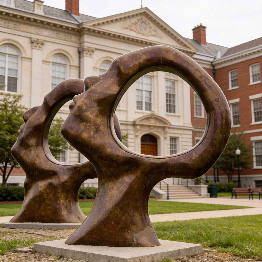 Modern bronze sculpture featuring two stylized head shapes with open circular centers