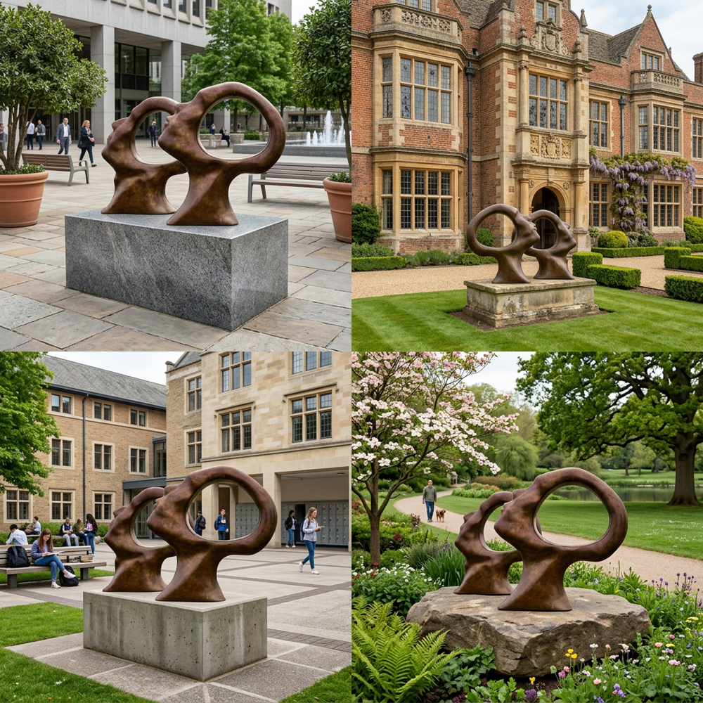 Collage of a large abstract sculpture in various outdoor settings.
