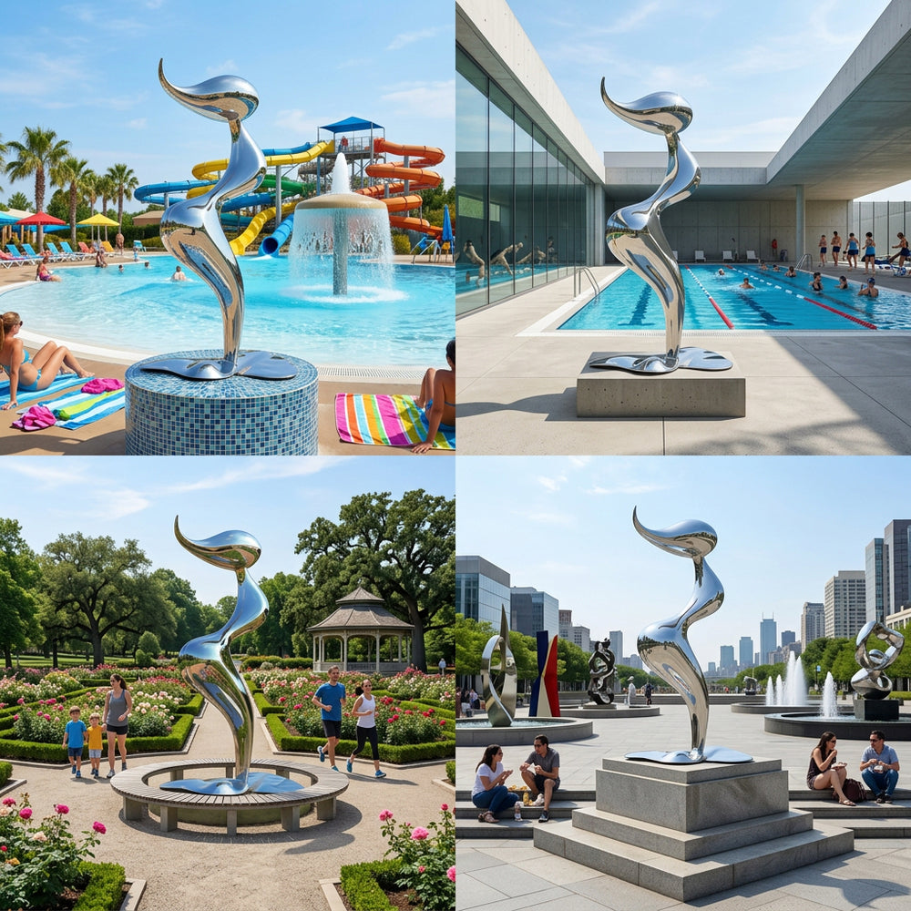 Collage of a silver sculpture by a pool with various settings including a water park, modern building, and cityscape.