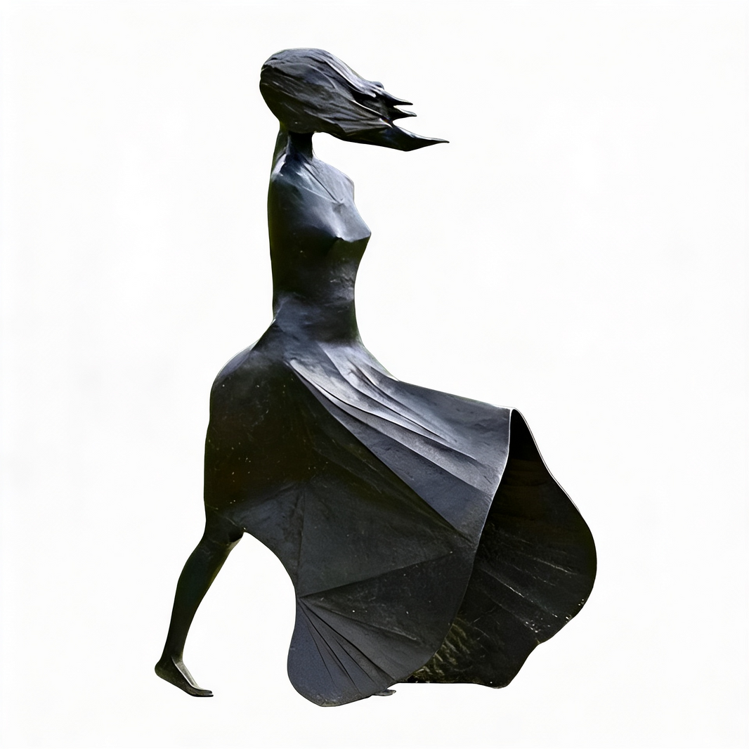 Bronze‑tone stylized sculpture of a walking woman with flowing abstract forms