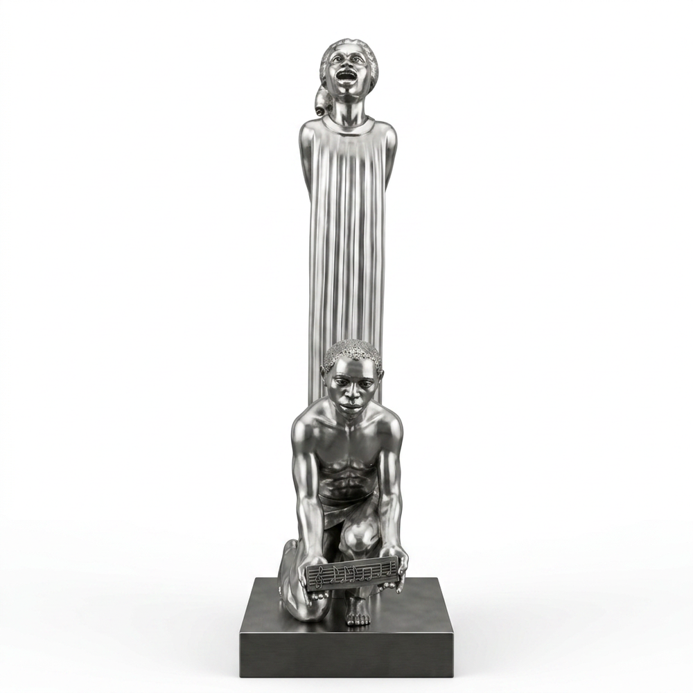Silver sculpture of a seated figure with a standing figure behind on a white background