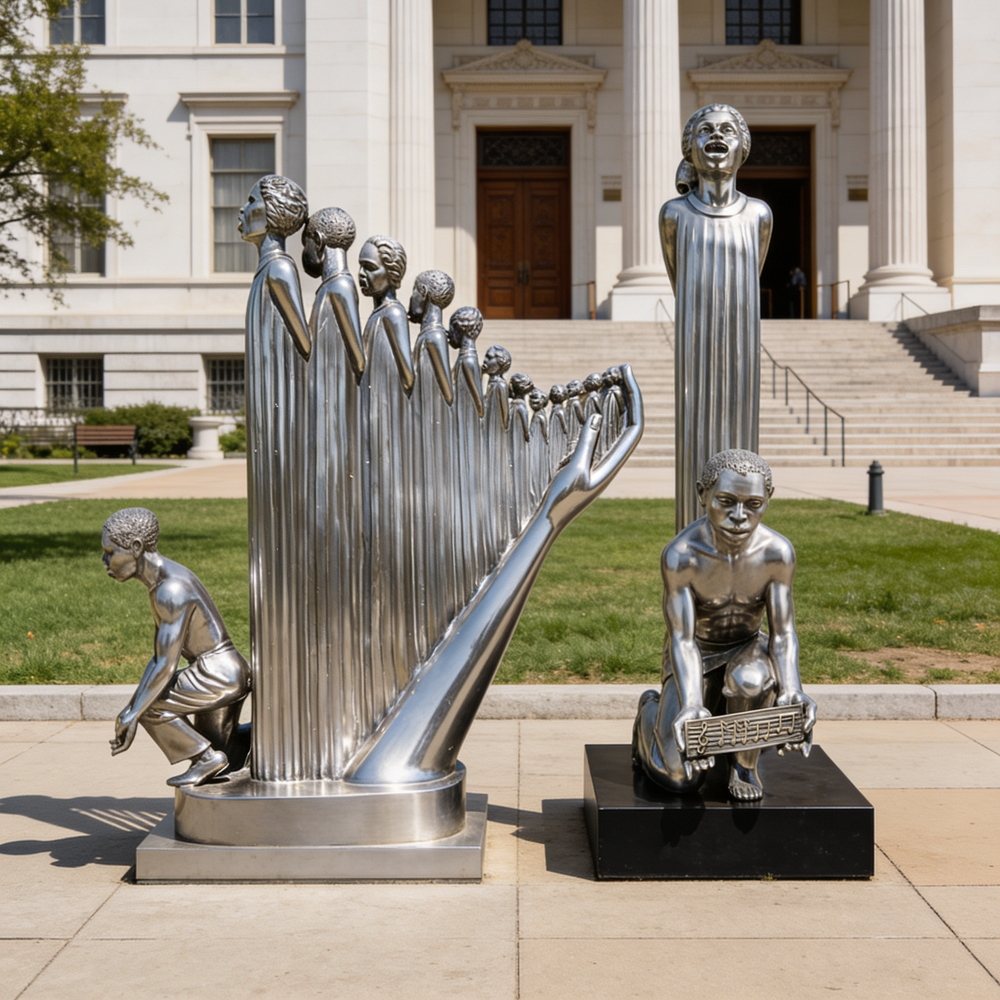 Polished metal hand sculpture supporting ascending human silhouettes symbolizing growth
