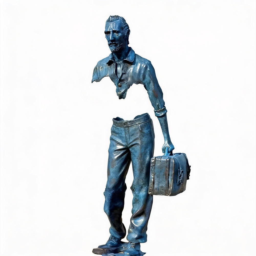 Blue metallic statue of a person holding a suitcase on a white background