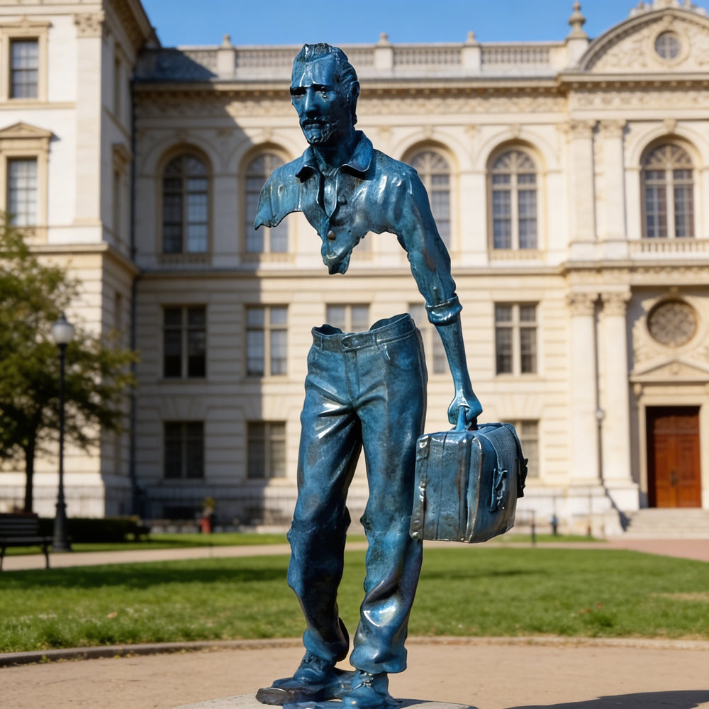 Blue statue of a person with a suitcase in front of a large building