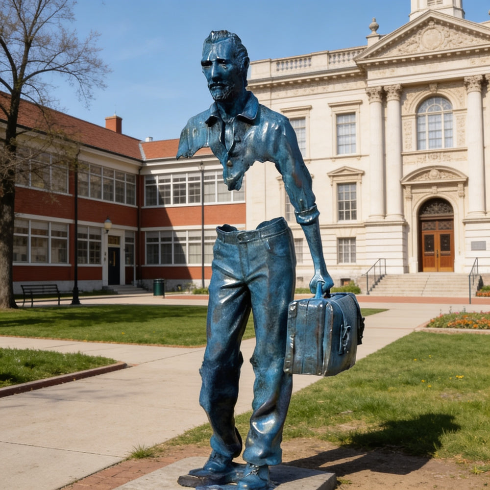 Blue metal statue of a person with a suitcase in front of a building