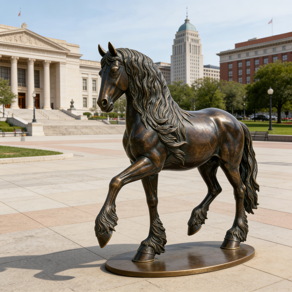 Bronze horse statue in front of a city building
Detailed bronze sculpture of a horse with lifelike anatomy and elegant motion