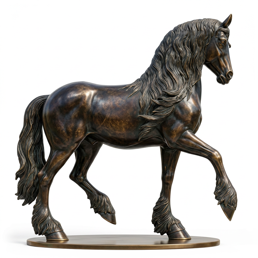 Metallic horse statue in a dynamic pose with flowing mane and textured tail