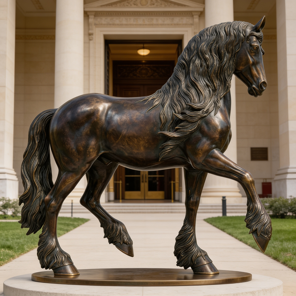 Bronze horse statue in front of a classical building with columns
Bronze animal sculpture showcasing a horse with defined muscles and raised leg