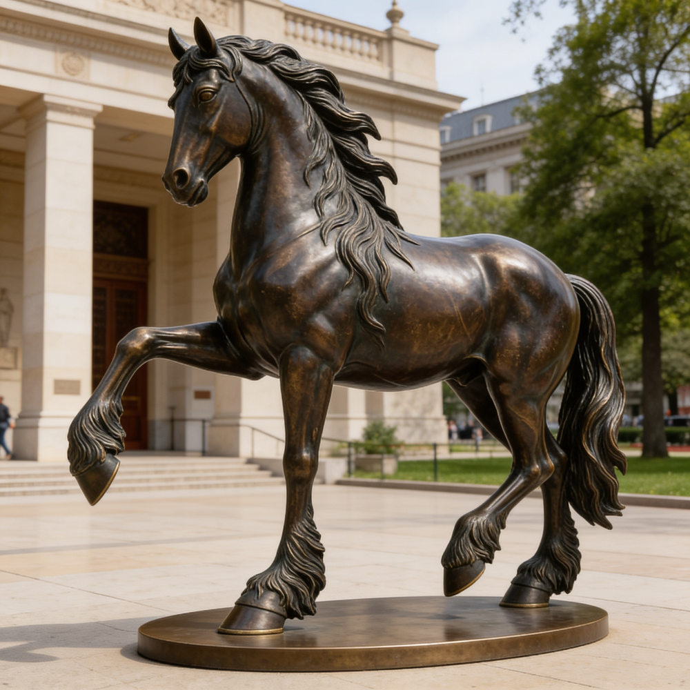 Bronze equine sculpture featuring a raised leg and textured mane and tail