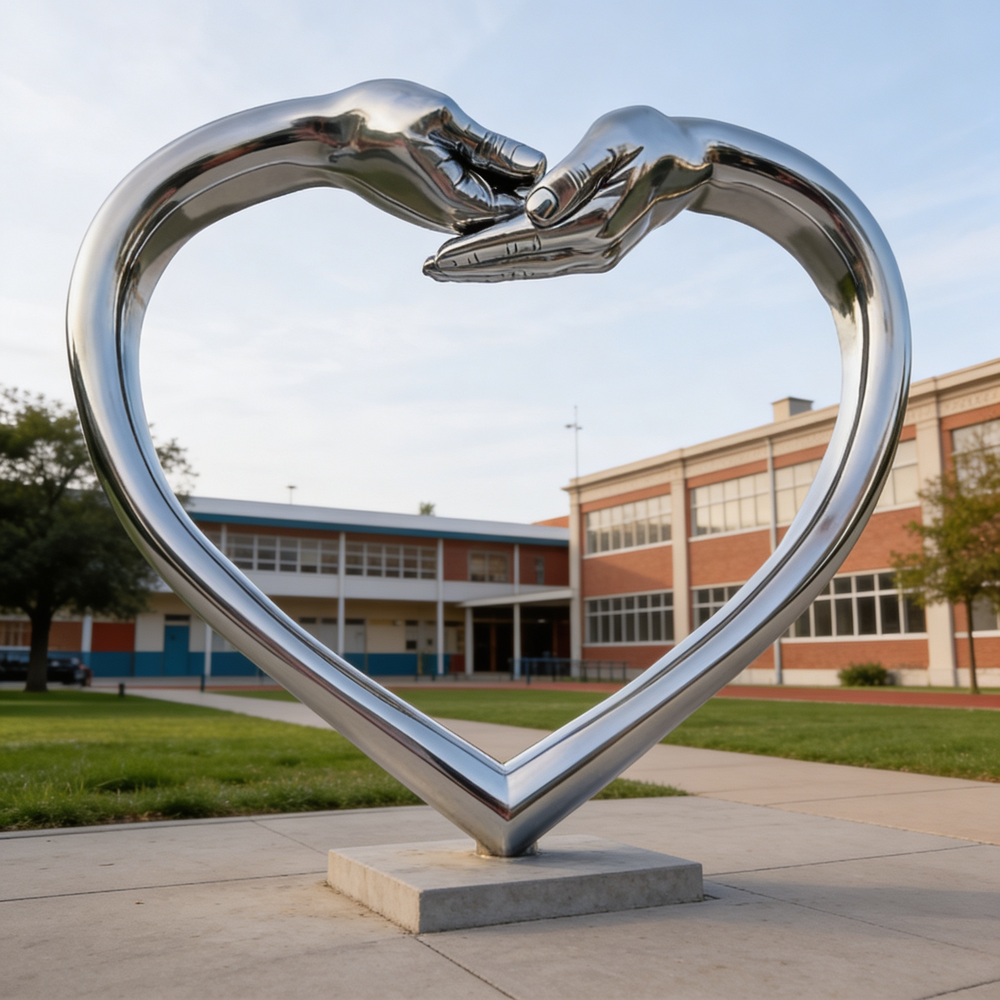 Modern outdoor sculpture shaped like a heart with two hands meeting at the center peak